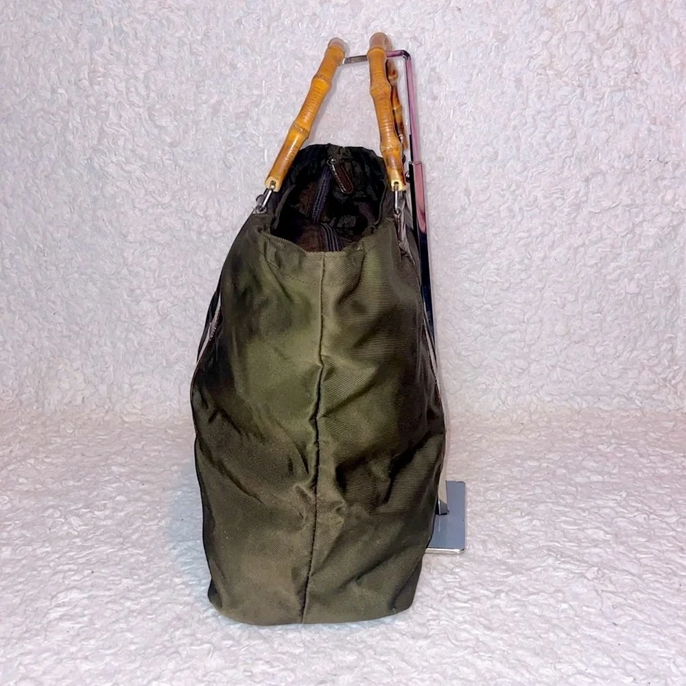 Gucci Vintage Bamboo Handle Nylon Leather Large Shopper Tote Olive Green Brown - Picture 3 of 15